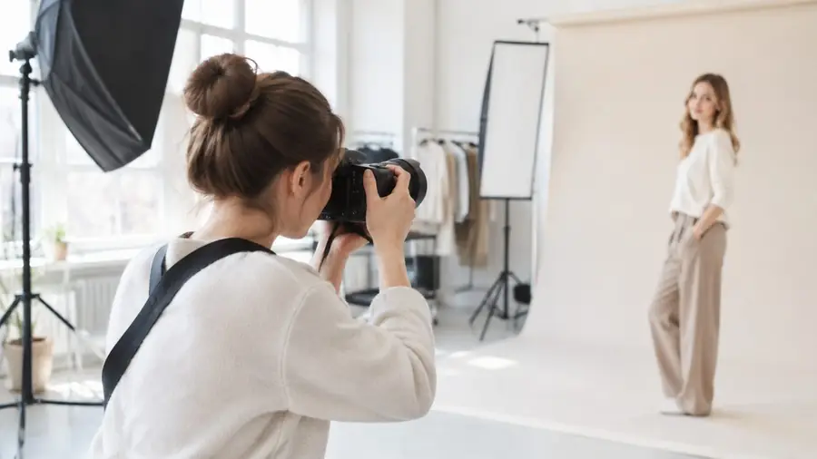 Студентка фотографирует модель в студии